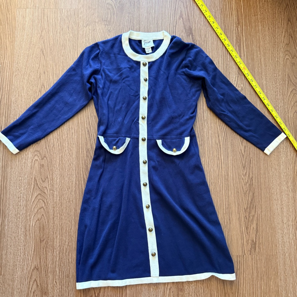 Joanie Blue Long Sleeve Button Up Knit Dress with White Trim Retro Size Small